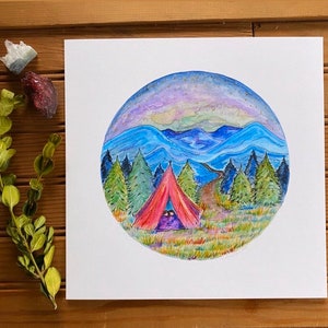 Originele kunst schilderij aquarel illustratie tekening kamperen wandelen buiten Tent avontuur Aurora Borealis nachtelijke hemel
