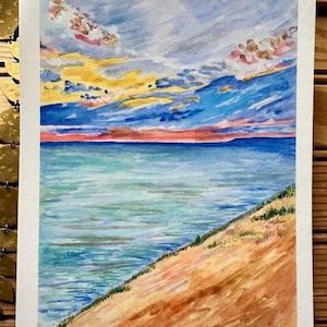 Original Watercolor Art Print Michigan Sleeping Bear Dunes National Park Colorful Sunset Sunrise Lake Michigan MI Landscape Artwork Gift