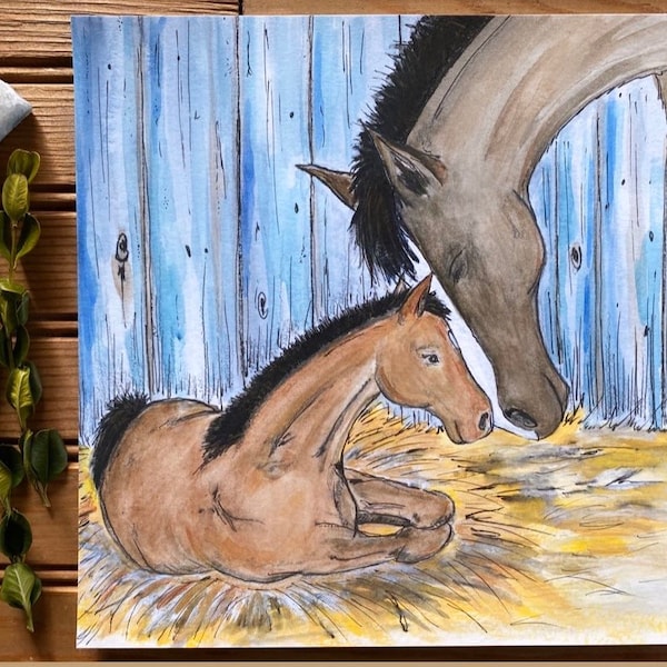 Original Fine Art Print Horse Pony Equine Equestrian Baby Animals Momma Baby Kiss Nursery Home Decor Gift Hand Embellished Artwork