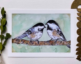 Bird Print Watercolor Painting Chickadees Chickadee Artwork Home Decor Nature Woodland Animal Gift