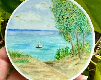 Sleeping Bear Dunes Waterproof Decal Sticker, Michigan Sailboat Watercolor Painting