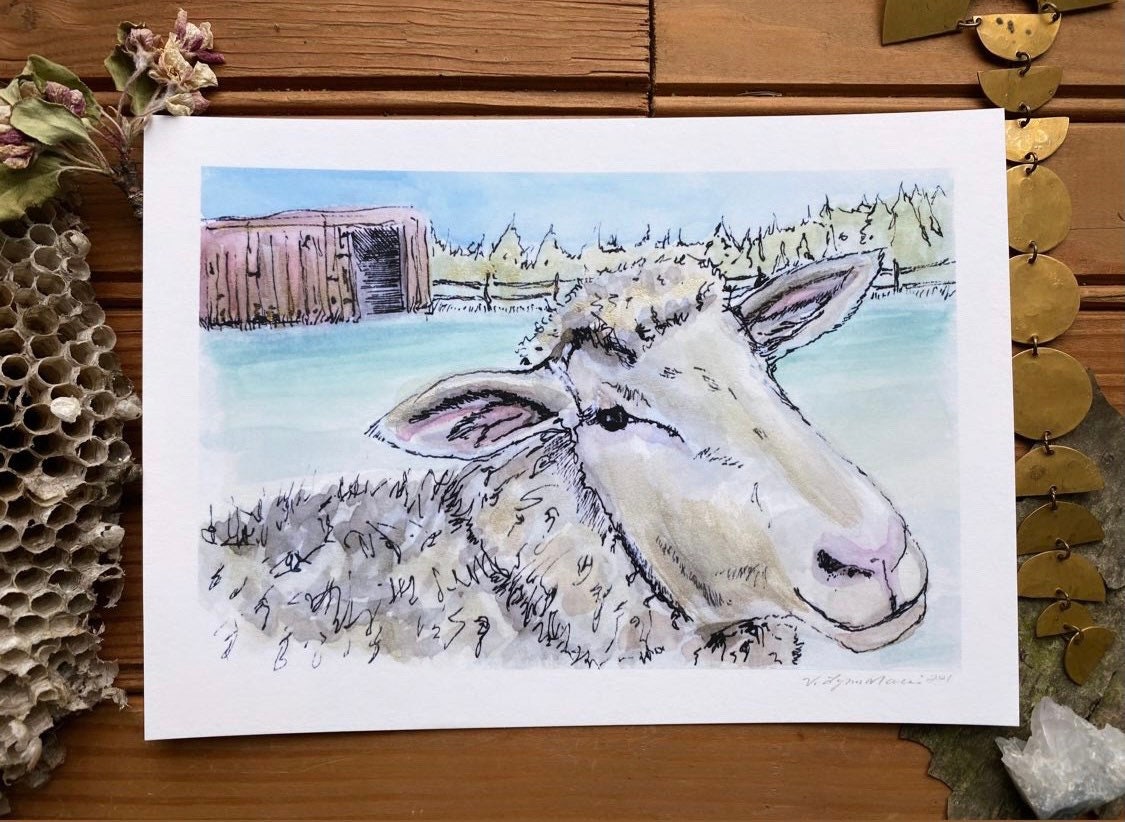 羊の水彩画プリント - 農家の動物アート、気まぐれなイラスト、金色の