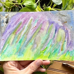 Ilustração original em aquarela Aurora Boreal colorida Luzes do norte Céu noturno Arte caprichosa Decoração de casa Minimalista CARTÃO POSTAL