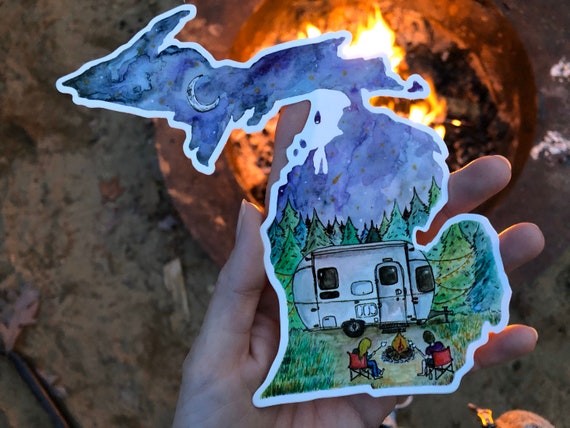 Michigan Camping Waterproof Sticker Decal - Watercolor Camper & Campfire