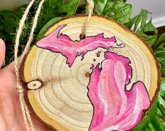 PINK and GOLD Original Handmade Michigan Ornament State Art Wood Slice Christmas Holiday Decor Gift Art Painting Customize Personalize