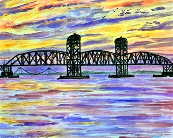 Print of Marine Parkway Bridge New York City Art Pastel Sunset Watercolor Painting River Artwork Purple Yellow Orange