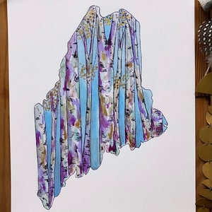 Original Aquarell Kunst Gemälde Druck Maine State Umriss Espe Birke Wald Wald Bunte Landschaft Kunstwerk Geschenk