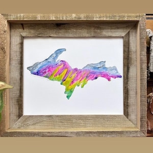 Carte du Michigan, impression d'Art aquarelle originale, aurores boréales, aurores boréales, péninsule supérieure, ciel nocturne coloré, peinture de paysage