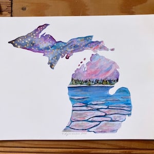 Impresión artística de Michigan: Camping, cielo nocturno, estrellas, hielo, nieve congelada, lago, estado, amor, impresión, mapa del estado de Michigan, mapa único, impresión en acuarela, decoración del hogar