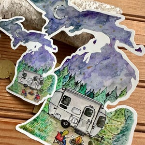 Michigan Camping Waterproof Sticker Decal - Watercolor Camper & Campfire image 7