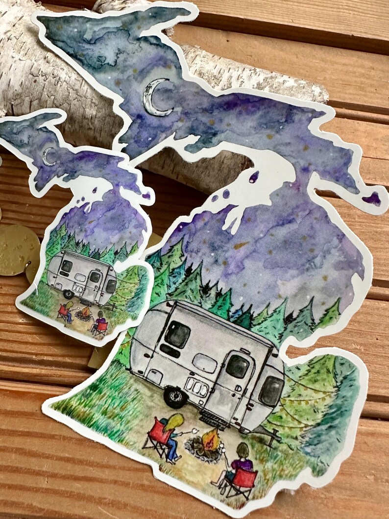 Michigan Camping Waterproof Sticker Decal - Watercolor Camper & Campfire image 7
