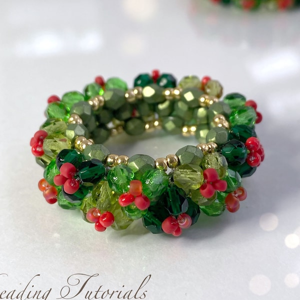 Christmas napkin ring beading tutorial, beading pattern, ilex, holly napkin rings, Christmas gift