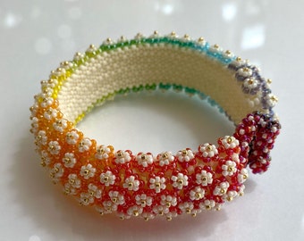 Beading pattern Balogh Flower Bracelet, Beading tutorial seed bead flower bracelet,beaded bangle tutorial and pattern