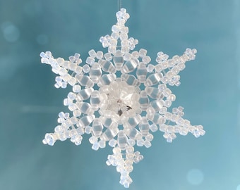 Beadig tutorial and pattern Fernlike Stellar Snowflake, beaded Snowflake pendnat and earrings pattern, Christmas gift snowflake tutorial