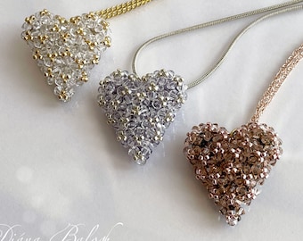 Beading tutorial Silicea heart pendant, bicone crystal pendant tutorial, beading pattern heart, crystal heart pendant tutorial