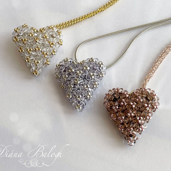 Beading tutorial Silicea heart pendant, bicone crystal pendant tutorial, beading pattern heart, crystal heart pendant tutorial