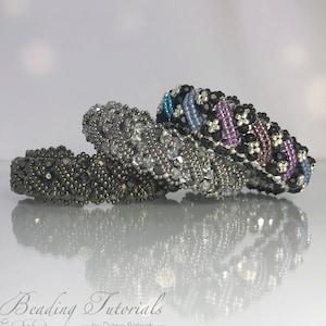 May include: Four beaded bracelets in different colors and patterns. The bracelets are stacked on top of each other. The top bracelet is black with purple, blue, and turquoise beads. The second bracelet is silver with clear beads. The third bracelet is silver with gray beads. The bottom bracelet is brown with black beads. The bracelets are all made with small, round beads.