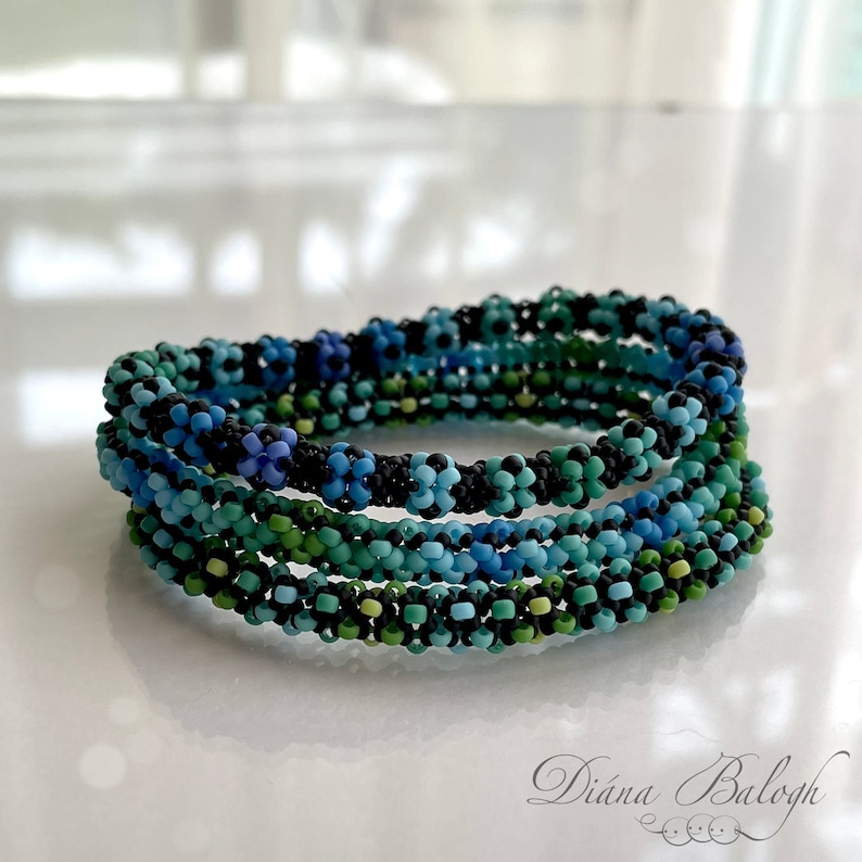 3in1 seed bead bracelet beading tutorial and pattern, Polka-dotted, zigzag and flower chenille bracelet and chain tutorial