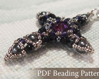 Beading tutorial Crystal Cross Pendant, Beadwork pattern with Swarovski Crystal, Rivoli and japanese seed beads