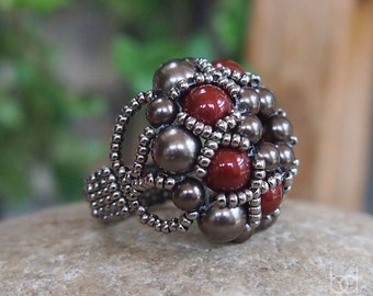 Beading Tutorial Dorothy Ring, Beadwork PDF Pattern with Swarovski Crystal Pearls and japanese seed beads