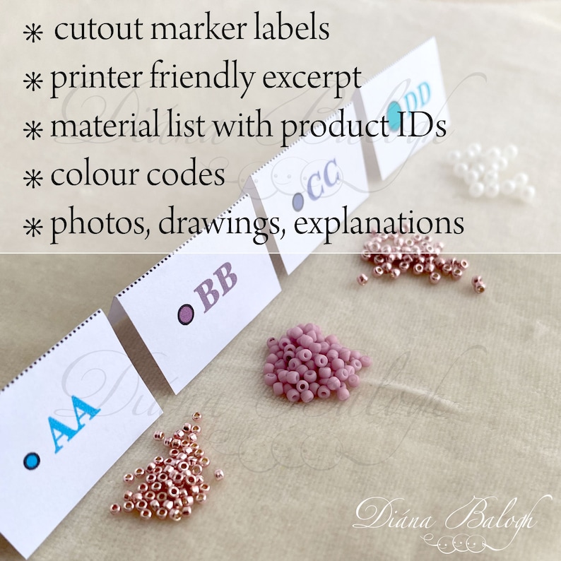 May include: Four small white cards with different colored circles and letters on them. The cards are labeled "AA", "BB", "CC", and "DD". There are small piles of beads in different colors next to each card.