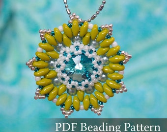 Oasis Pendant Beading pattern, Swarovski Rivoli and Super Duo bead pendant beading tutorial, PDF