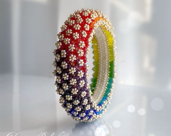 Designer Handmade beaded wide flower bracelet, Japanese Toho seed bead bracelet, Unique rainbow color flower bangle