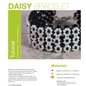 May include: A close-up of a black and white beaded bracelet with a daisy design. The bracelet is made with Japanese seed beads and includes instructions for making the bracelet. The text on the image reads "Daisy Bracelet" and "Tutorial".