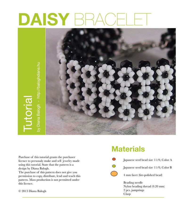 May include: A close-up of a black and white beaded bracelet with a daisy design. The bracelet is made with Japanese seed beads and includes instructions for making the bracelet. The text on the image reads "Daisy Bracelet" and "Tutorial".