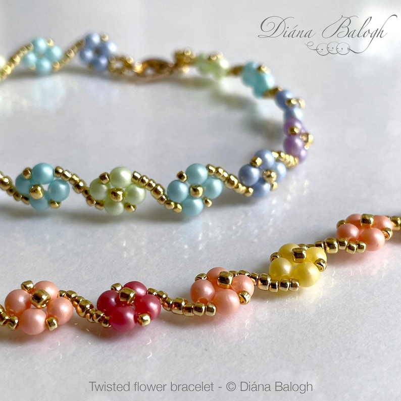 Colorful flower bracelet, summer bracelet, easy bracelet beading pattern, simple, elegant bracelet bead tutorial, twisted beading chain, flowery chain