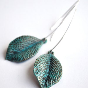 Turquoise leaf earrings, green leaf, leaf jewelry, silver and turquoise earrings, boho jewelry, silver earrings, verdigris leaves,