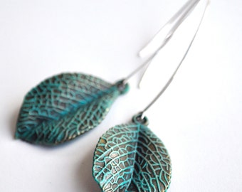 Turquoise leaf earrings, green leaf, leaf jewelry, silver and turquoise earrings, boho jewelry, silver earrings, verdigris leaves,