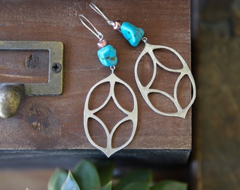 Retro turquoise earrings, silver earrings, gold & turquoise earrings, boho jewelry, nature earrings, turquoise leaf, gifts for her, upcycle