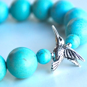 Silver Hummingbird bracelet, gemstone bracelet, turquoise bracelet, silver bracelet, gifts for her, stretchy bracelet, hummingbird jewelry