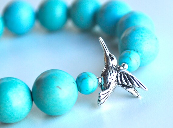 Silver Hummingbird bracelet, gemstone bracelet, turquoise bracelet, silver bracelet, gifts for her, stretchy bracelet, hummingbird jewelry