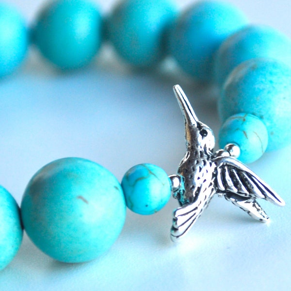 Silver Hummingbird bracelet, gemstone bracelet, turquoise bracelet, silver bracelet, gifts for her, stretchy bracelet, hummingbird jewelry