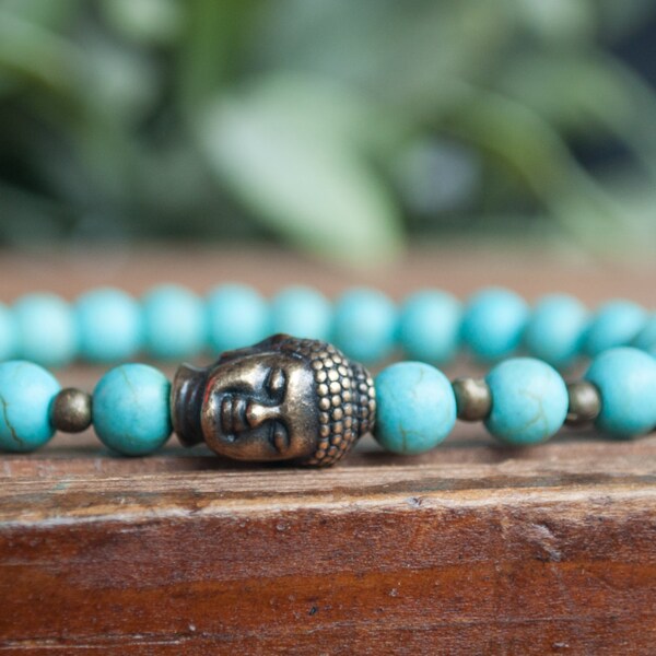 Turquoise bracelet, buddha bracelet, turquoise buddha, gemstone bracelet, brass buddha, yoga bracelet, stretchy bracelet, namaste jewelry