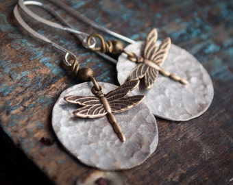 Dragonfly earrings, beach jewelry, silver earrings, nature earrings, fairy earrings, hammered silver earrings, gifts for her, yoga earrings