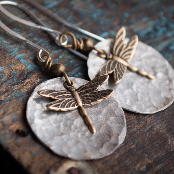 Dragonfly earrings, beach jewelry, silver earrings, nature earrings, fairy earrings, hammered silver earrings, gifts for her, yoga earrings