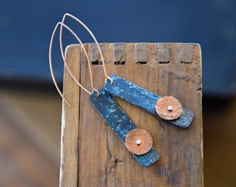 Copper earrings, turquoise earrings, patina earrings, copper and silver, hammered earrings,hammered silver, gifts for her, something blue