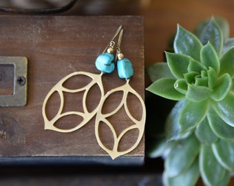 Retro turquoise earrings, gold earrings, gold & turquoise earrings, boho jewelry, nature earrings, turquoise leaf, gifts for her, upcycle