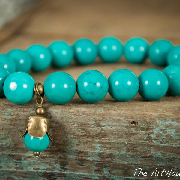 Turquoise bracelet, gemstone bracelet, yoga bracelet, blue bracelet, bohemian bracelet, stretchy bracelet, holiday gift, turquoise rose