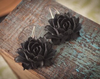 Black rose earrings, charcoal rose earrings, black lotus earrings, black and silver earrings, wedding jewelry, gifts for her, lotus flower