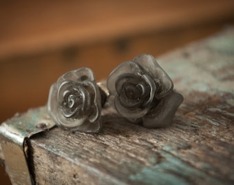 Black rose earrings, small rose earrings, black earrings, small earrings, gifts for her, gray earrings, wedding gift, valentines earrings