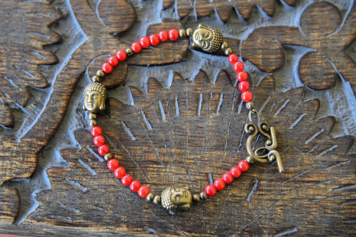 Red Bracelet Buddha Bracelet Red Buddha Gemstone Bracelet Etsy
