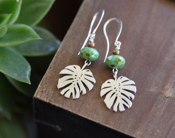 Silver leaf earrings, turquoise earrings,silver & green earrings,boho jewelry, nature earrings,turquoise leaf, gifts for her, green earrings