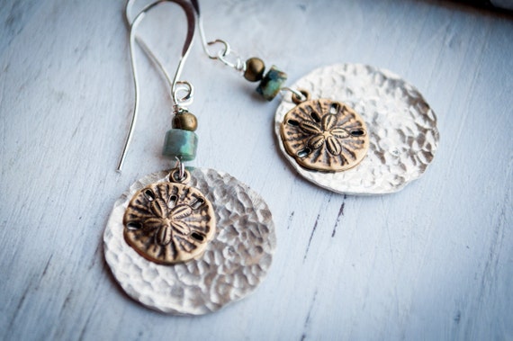 Sand dollar earrings, beach jewelry, silver earrings, nautical jewelry, shell earrings, beach earrings, hammered earrings, gifts for her