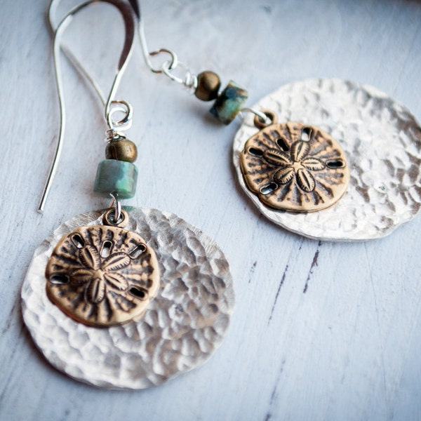 Sand dollar earrings, beach jewelry, silver earrings, nautical jewelry, shell earrings, beach earrings, hammered earrings, gifts for her