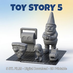 Op de afbeelding: Een set van vijf grijze 3D-printbare figuren, waaronder een tuinkabouter, een pizzapunt, een boombox, een klein personage en een nijlpaardkop. De tekst TOY STORY 5 staat bovenaan en 5 STL FILES - Digital Download - 3D Printable onderaan.