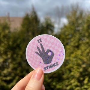 Könnte beinhalten: Ein rosa-weißer karierter Aufkleber mit einer schwarzen Hand, die das OK-Zeichen macht. Der Aufkleber sagt "IT STINKS" in schwarzer Schrift.